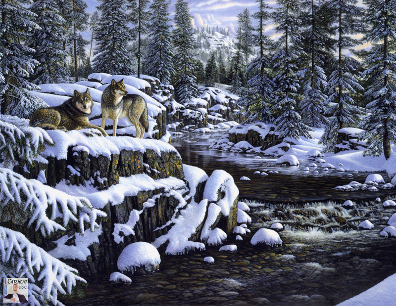 Catsmeat SDC 2003 - Weyer Wildlife Calendar 01: Gray Wolf - acrylic painting by Kim Norlien; DISPLAY FULL IMAGE.