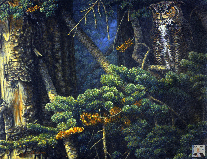 Catsmeat SDC 2003 - Weyer Wildlife Calendar 07: Great Horned Owl - oil painting by Joan Sharrock; DISPLAY FULL IMAGE.