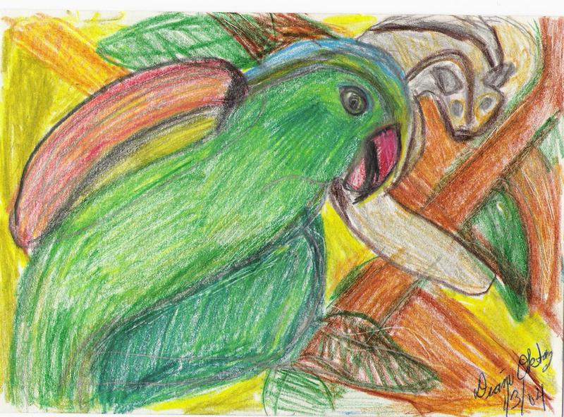 GREEN PARROT WITH FRIEND; DISPLAY FULL IMAGE.