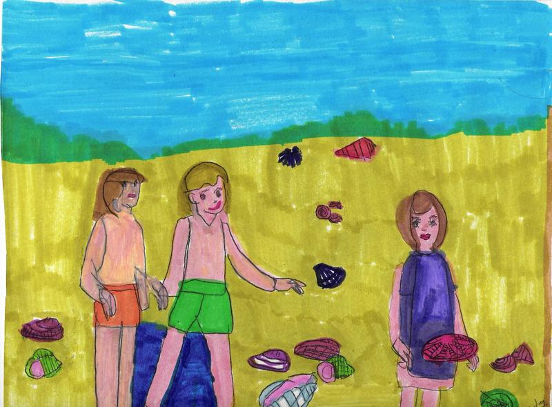 TEENAGERS COLLECTING SEASHELLS; DISPLAY FULL IMAGE.