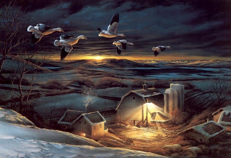 [Animal Art - Terry Redlin] Night Light - Snow Goose flock in flight; DISPLAY FULL IMAGE.