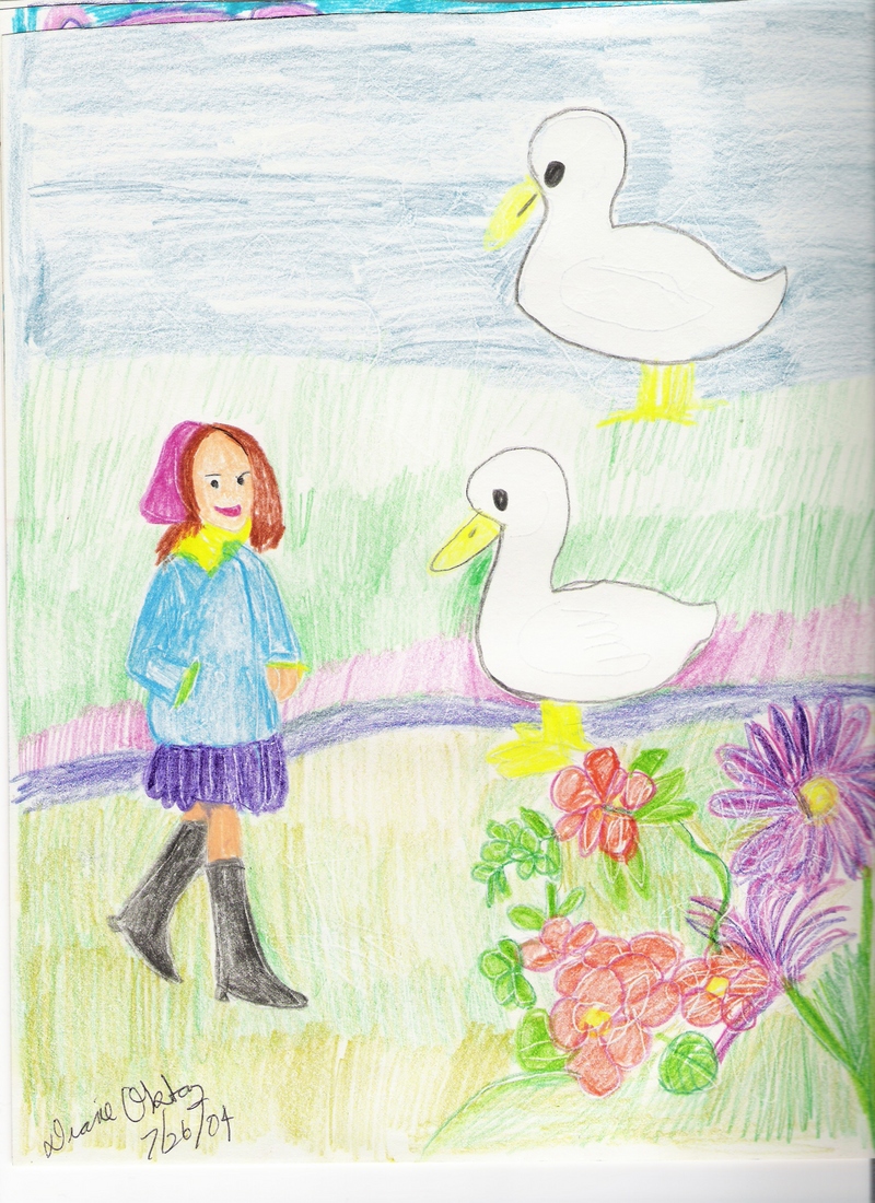 CHILD TALKING TO DUCKS; DISPLAY FULL IMAGE.