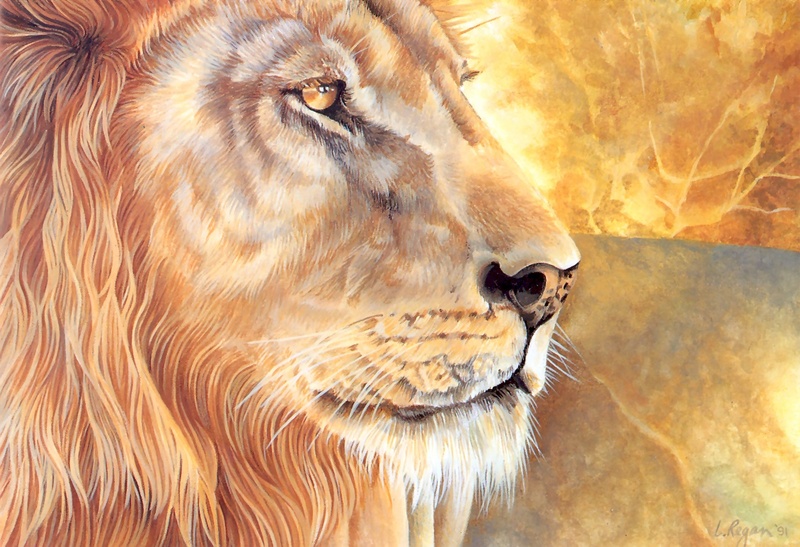 Consigliere Scan: Vanishing Species, The Wildlife Art of Laura Regan - 029 Lion; DISPLAY FULL IMAGE.