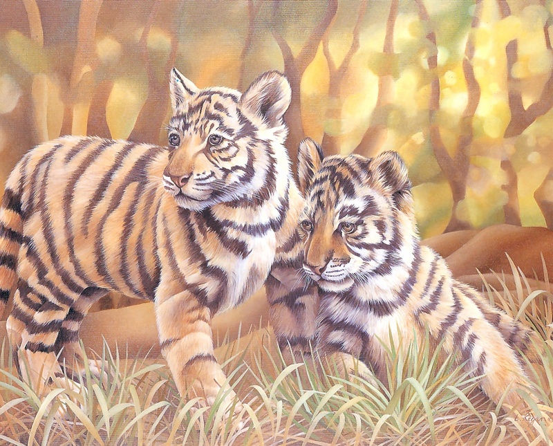 Consigliere Scan: Vanishing Species, The Wildlife Art of Laura Regan - 046 Tiger Cubs; DISPLAY FULL IMAGE.
