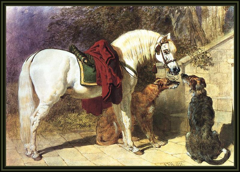 [Animal Art] Domestic Horse (Equus caballus) {!--말--> - white horse and dogs; DISPLAY FULL IMAGE.