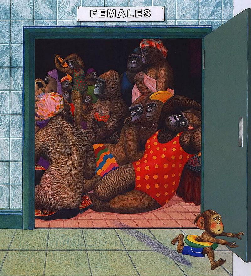 [Animal Art - Anthony Browne] (Gorilla) Willy's Pictures - At the Swimming Pool; DISPLAY FULL IMAGE.