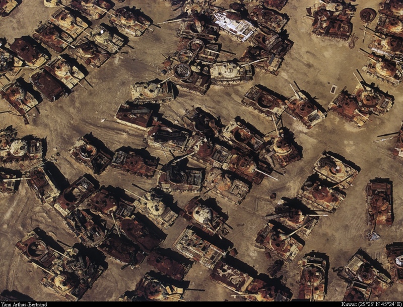 [B14 SLR: Yann Arthus-Bertrand] Iraqi tank cemetery in the desert near Jahra; DISPLAY FULL IMAGE.