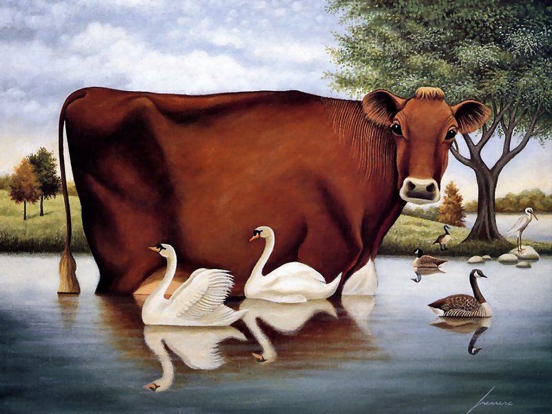 [Animal Art - Herrero Lowell] Cow & Mute Swans; DISPLAY FULL IMAGE.