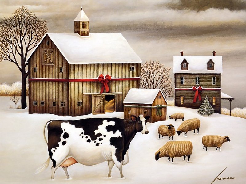 [Animal Art - Herrero Lowell] Wisconsin Cow & Sheep; DISPLAY FULL IMAGE.