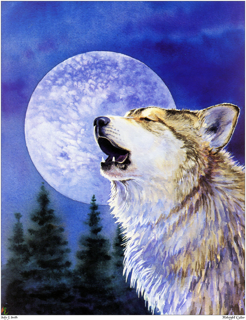 [Fafnir Scan - Sally J. Smith] 'Wolf Sprit' - 1997 Calendar - Midnight Caller; DISPLAY FULL IMAGE.
