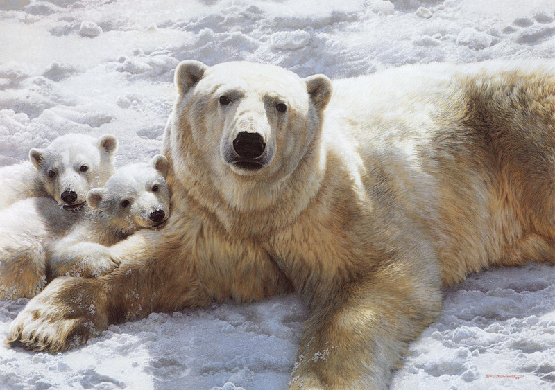 [Carl Brenders - Wildlife Paintings] Mother of Pearls (Polar Bears); DISPLAY FULL IMAGE.