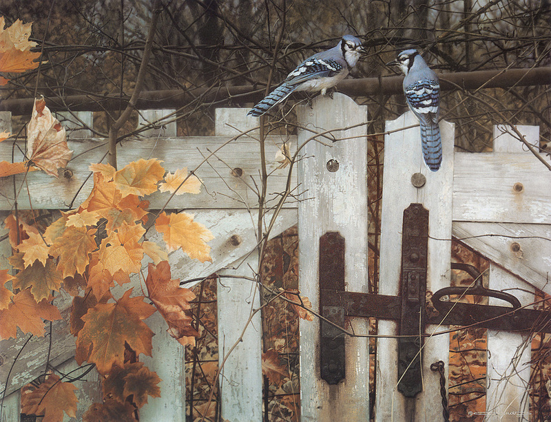 [Carl Brenders - Wildlife Paintings] Talk on the Old Fence (Blue Jays); DISPLAY FULL IMAGE.