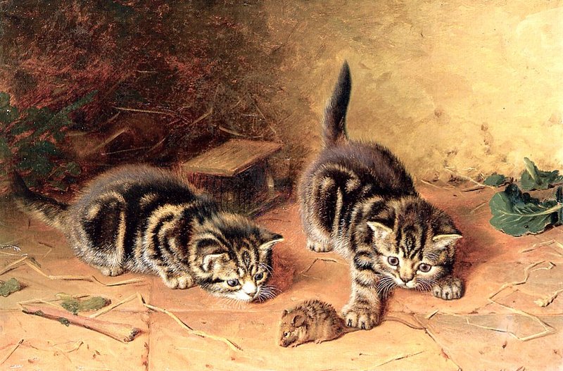[EndLiss scan - Animal Art] Horatio Henry Couldery - Reluctant Playmate (kittens and mouse); DISPLAY FULL IMAGE.