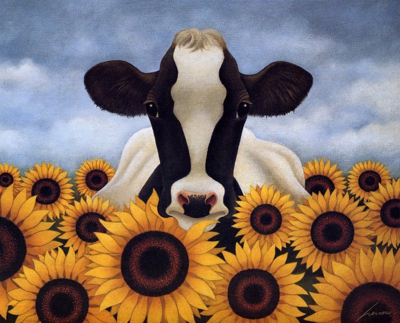 [EndLiss scan - Animal Art] Lowell Herrero - Surrounded by Sunflowers (cow); DISPLAY FULL IMAGE.