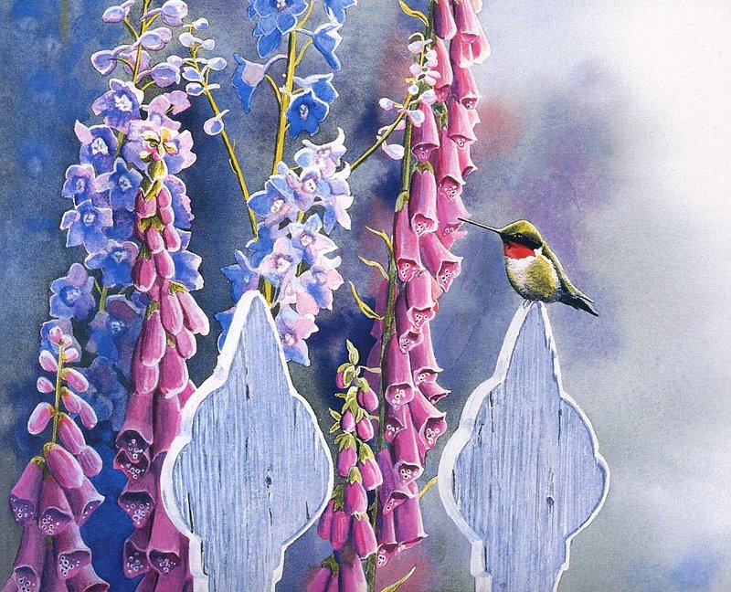 [EndLiss scans - Wildlife Art] Susan Bourdet - Rubies and Foxgloves (Ruby-throated Hummingbird); DISPLAY FULL IMAGE.