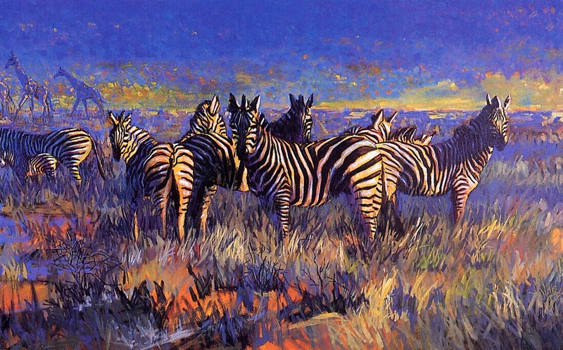 [EndLiss scans - Wildlife Art] Terry Lee - Zebra with Giraffes; DISPLAY FULL IMAGE.