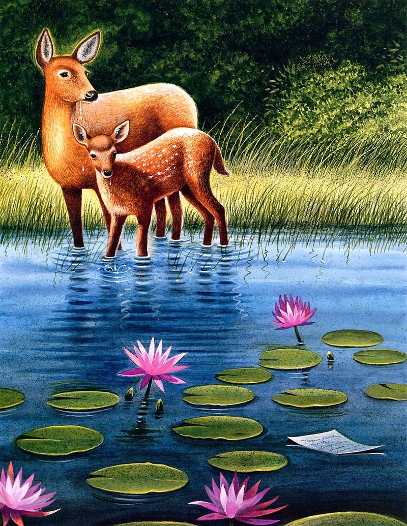 [EndLiss scans - Wildlife Art] Wendell Minor - Pond (Deer); DISPLAY FULL IMAGE.