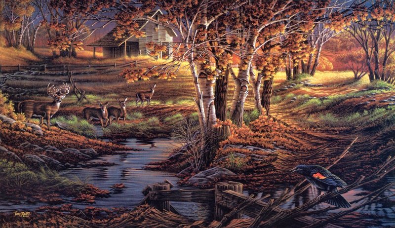 [EndLiss scans - Wildlife Art] Terry Redlin - Natures Sentinel (Redwing blackbird & Deer); DISPLAY FULL IMAGE.