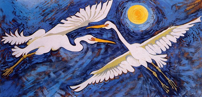 [EndLiss scans - Wildlife Art] Jo B. Scott - White Flight (Egrets); DISPLAY FULL IMAGE.