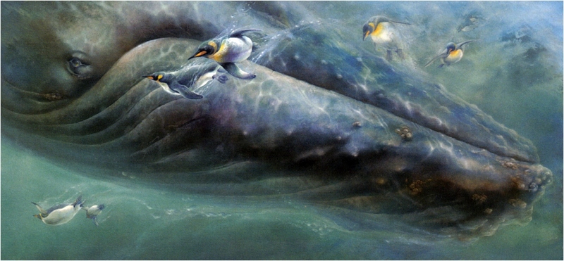 [Elon Animal Scans] Painted by Linda Thompson, Follow The Leader (Whale and Penguins); DISPLAY FULL IMAGE.