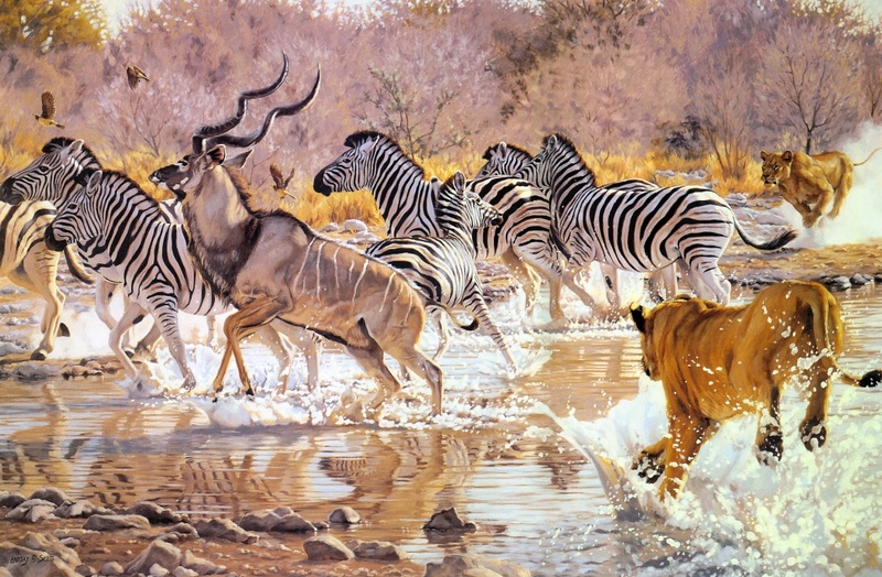 [Elon Animal Scans] Painted by Lindsay B. Scott, Zebras, Ambush (Lion chasing Zebras); DISPLAY FULL IMAGE.