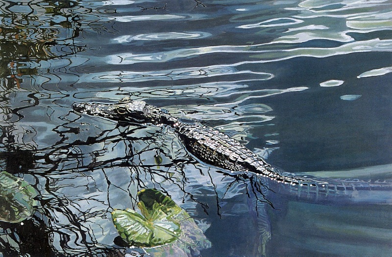 [Elon Animal Scans] Painted by Mary O'Sullivan, Moonlit Gator; DISPLAY FULL IMAGE.