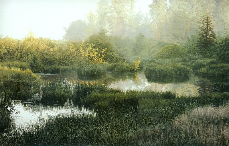 [Elon Animal Scans] Painted by Terry Isaac, Morning Mist (Heron); DISPLAY FULL IMAGE.