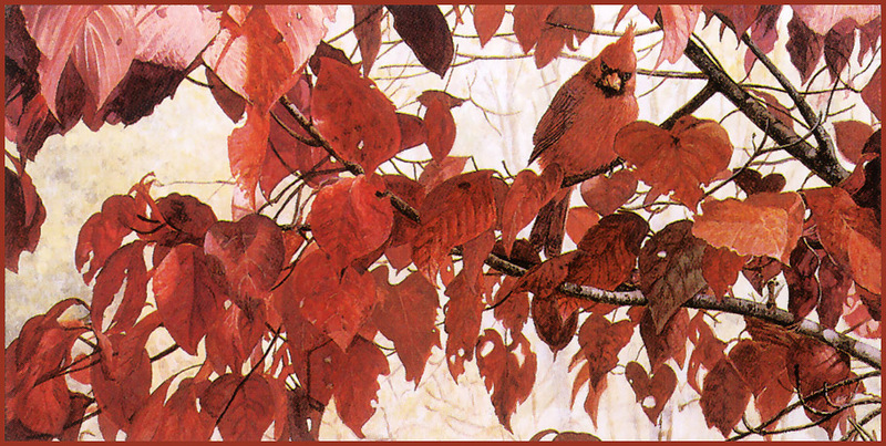 [FlowerChild scans - Wildlife-Birds] Painted by Mel Garbrak, Red on Red (Northern Cardinal); DISPLAY FULL IMAGE.