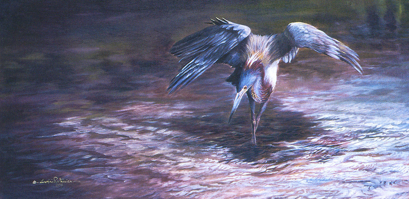 [FlowerChild scans] Painted by Gamini Ratnavira, Shadow Dancer (Little Blue Heron); DISPLAY FULL IMAGE.
