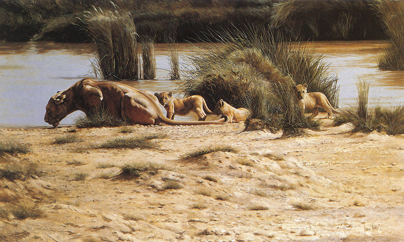 [FlowerChild scans] (Big Cats) Painted by Spencer Hodge, At the Waterhole; DISPLAY FULL IMAGE.