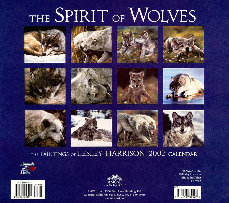 CPerrien scan] Paintings of Lesley Harrison - 2002 Calendar, The Spirit of Wolves: Back; DISPLAY FULL IMAGE.