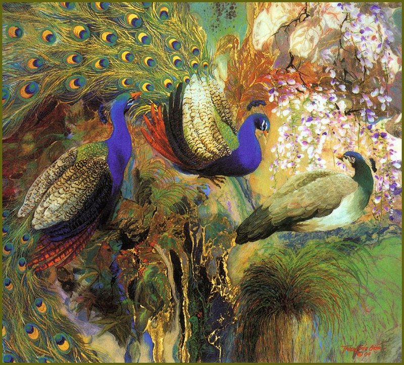 [LRS Animals In Art] Giam Truong Buu, Blue Peacocks; DISPLAY FULL IMAGE.