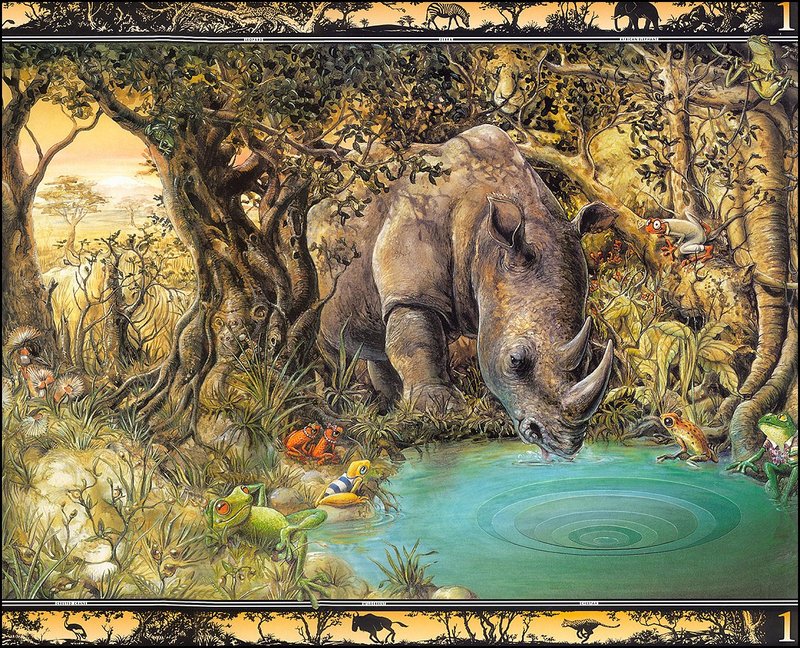 [LRS - The Waterhole] Painted by Graeme Base, Rhino; DISPLAY FULL IMAGE.