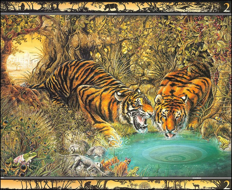 [LRS - The Waterhole] Painted by Graeme Base, Tigers; DISPLAY FULL IMAGE.