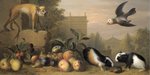 ...nea pigs, a blue tit and an Amazon St. Vincent parrot with Peaches, Figs and Pears in a landscap